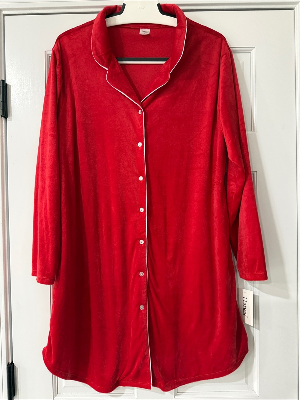 Hanes Womens Red Velvet Long Sleeve Pajama Plush Dress Shirt Size Large